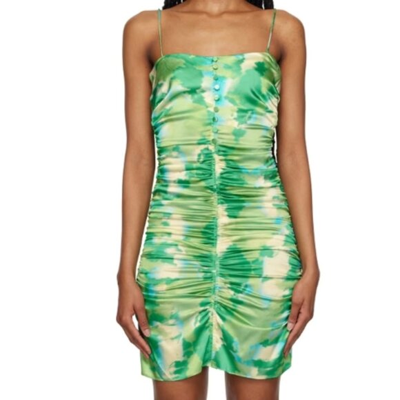 NWT GANNI Silk Stretch Satin Green Sleeveless Mini Dress Size 38 $495 - Picture 3 of 14